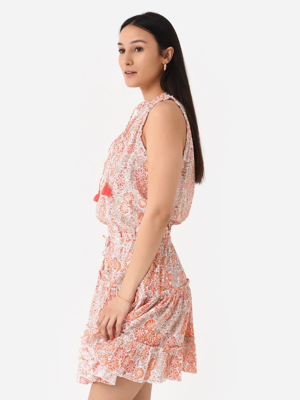 Poupette St. Barth Pink and Orange Floral Tiered Sleeveless Dress - 100% Cotton - Picture 2 of 6